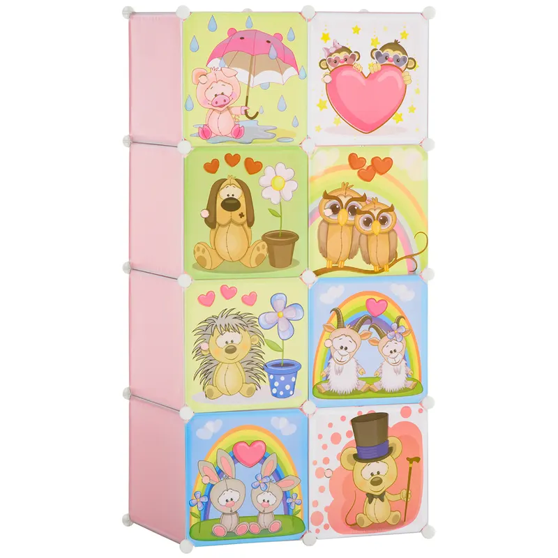 HOMCOM Mobilier Modular Încălțăminte cu Decor Zoo, 8 Cuburi Roz PP și Oțel, 74x47x144cm, Organizare Eficientă | Romania