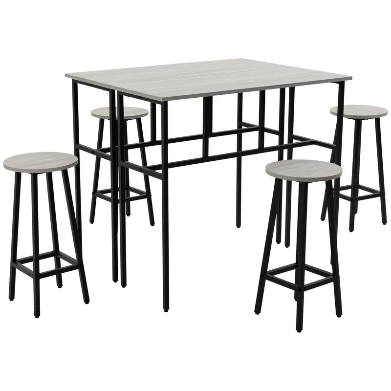 HOMCOM Set Bar Modern cu 4 Scaune și 2 Mese Înalte, PAL și Oțel, Gri, Ideal pentru Living sau Bucătărie | Romania