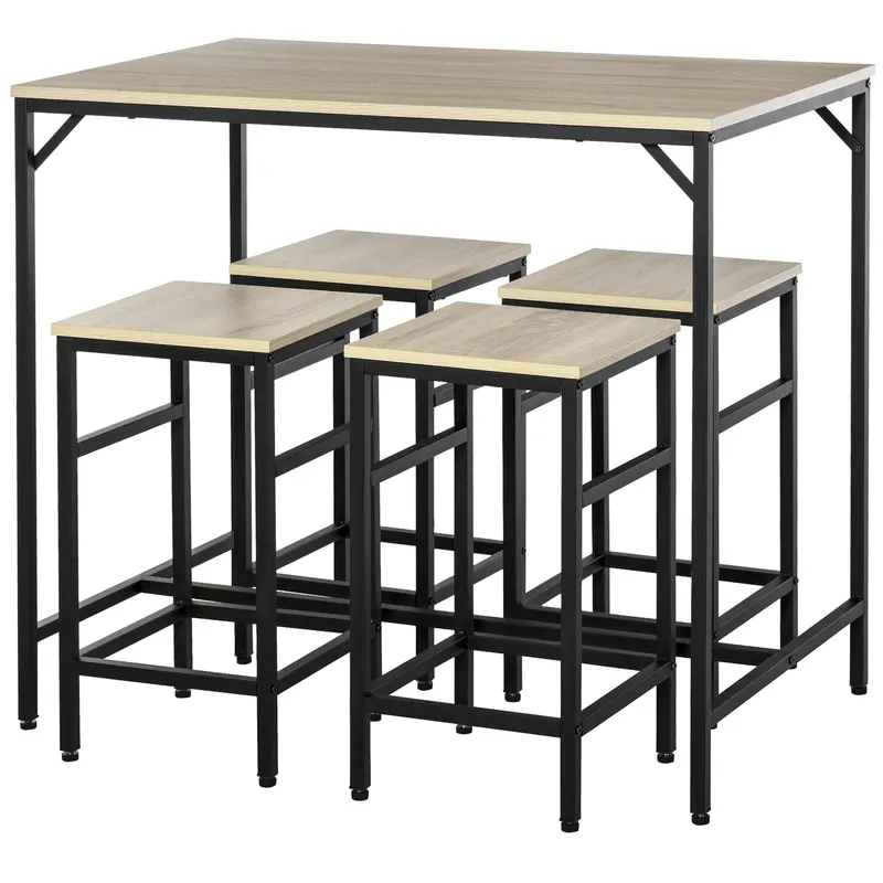Set Masă Înaltă cu 4 Scaune HOMCOM în Stil Industrial, Metal și Lemn, Stejar Deschis, Perfect pentru Dining | România