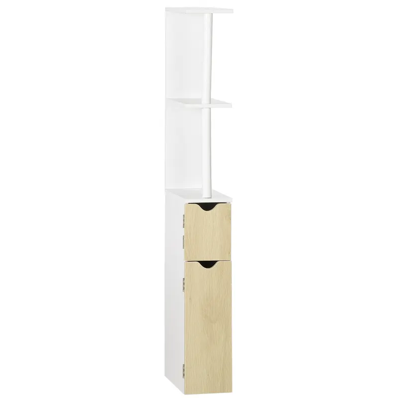 Kleankin Coloană Baie, 2 Rafturi, 2 Dulapuri, Economie Spațiu, MDF, Design Modern, 15.2x29.8x118cm, Alb/Lemn | Romania