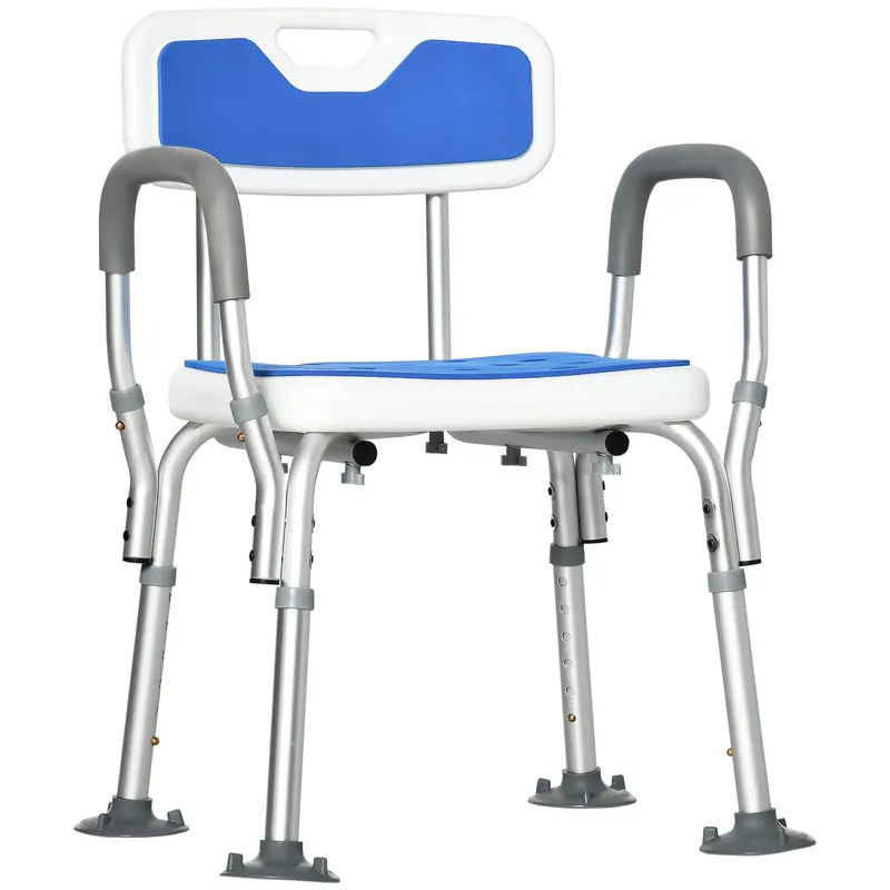 HOMCOM Scaun de Duș cu Căptușeală EVA și Înălțime Reglabilă, Cotiere, Picioare cu Ventuză și Aluminiu, 56,5x53,5x74-87 cm, Albastru | Romania