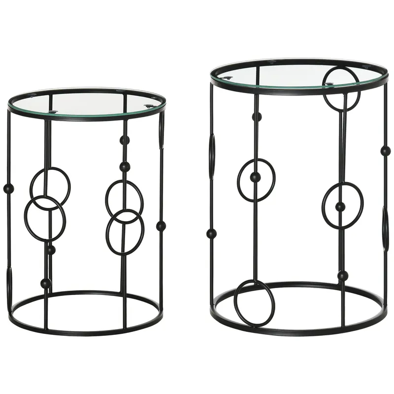 HOMCOM Set de 2 Măsuțe de Cafea Stivuibile din Metal și Sticlă Securizată, Design Modern Ø41x57cm și Ø36x51cm, Negru | România