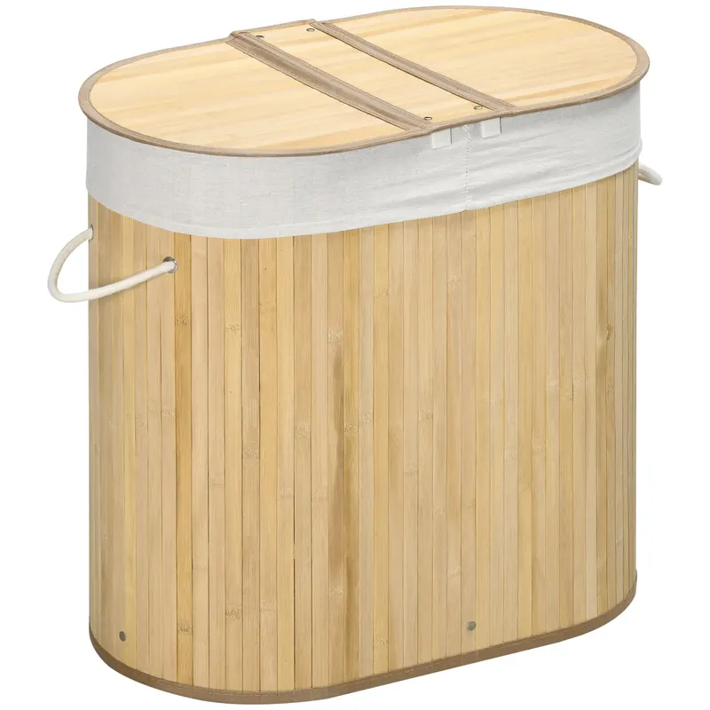 HOMCOM Coș de Rufe din Bambus cu Capac, 100L, 2 Compartimente, 62.5x37x60.5 cm, Natural | Romania