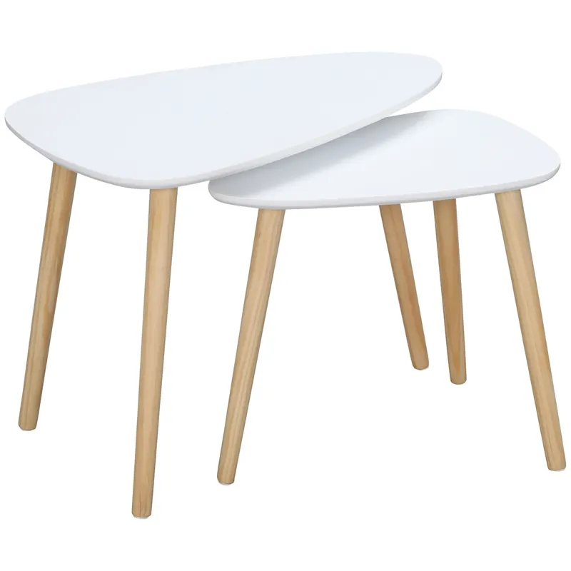 Set de 2 masute laterale HOMCOM moderne, mese cuib triunghiulare din MDF si Lemn de Pin 59.5x39.5x45cm Alb, Natural | Romania