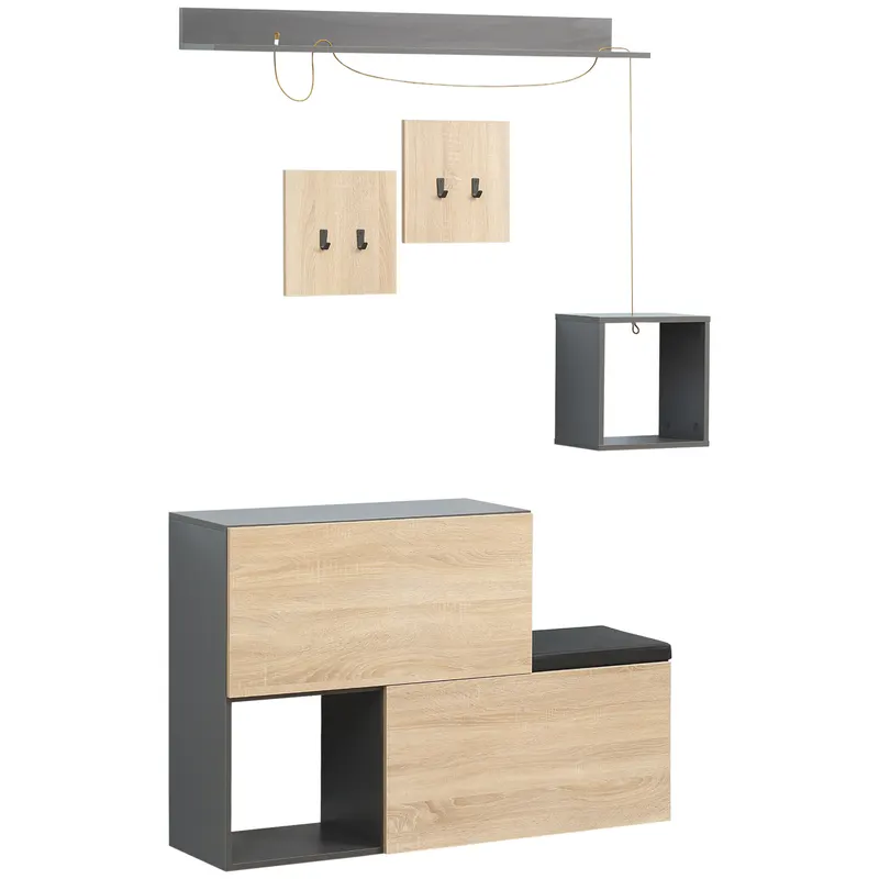 HOMCOM Organizator pentru Hol cu Bancă pentru Pantofi și Cuier, Design Modern cu Suport pentru Haine și Raft, Gri și Natural | Romania