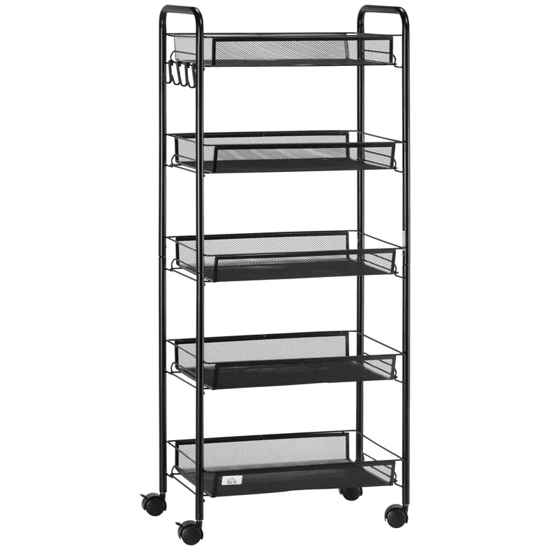 HOMCOM Cărucior de Bucătărie cu 5 Niveluri și Coșuri din Plasă, Soluție de Depozitare pentru Sufragerie, Design Modern | Romania