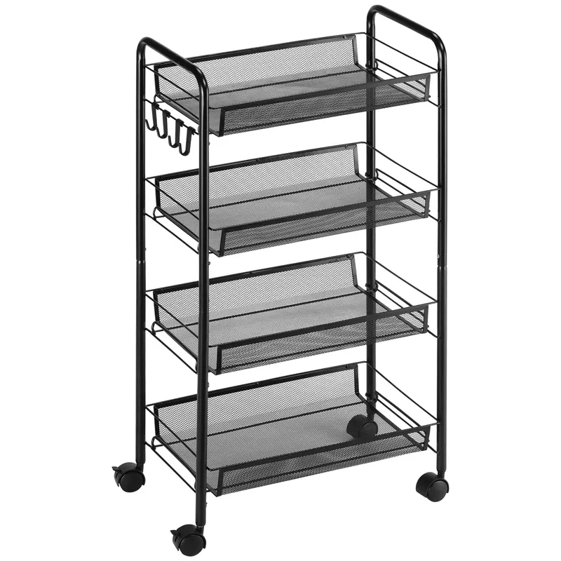 HOMCOM Cărucior Utilitar cu 4 Niveluri, Design Rulant cu Coșuri de Plasă și Cârlige, 45x26.5x84cm, Ideal pentru Bucătărie și Birou | Romania