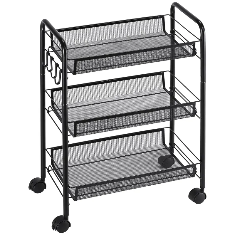 HOMCOM Cărucior de Bucătărie Multifuncțional cu 3 Niveluri, Coșuri Detașabile, 4 Roți, Oțel și Plastic PP, 45Lx26,5x63cm, Negru | Romania