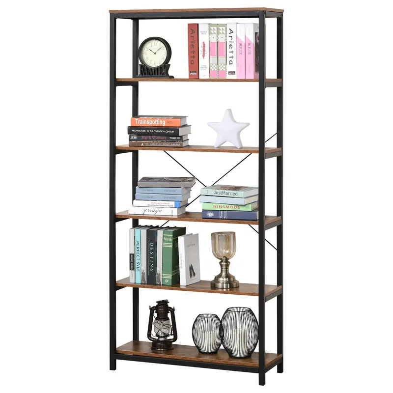 Biblioteca in Stil Industrial Vintage cu 6 Rafturi din Lemn si Metal Negru, 80x30x180cm HOMCOM | Romania
