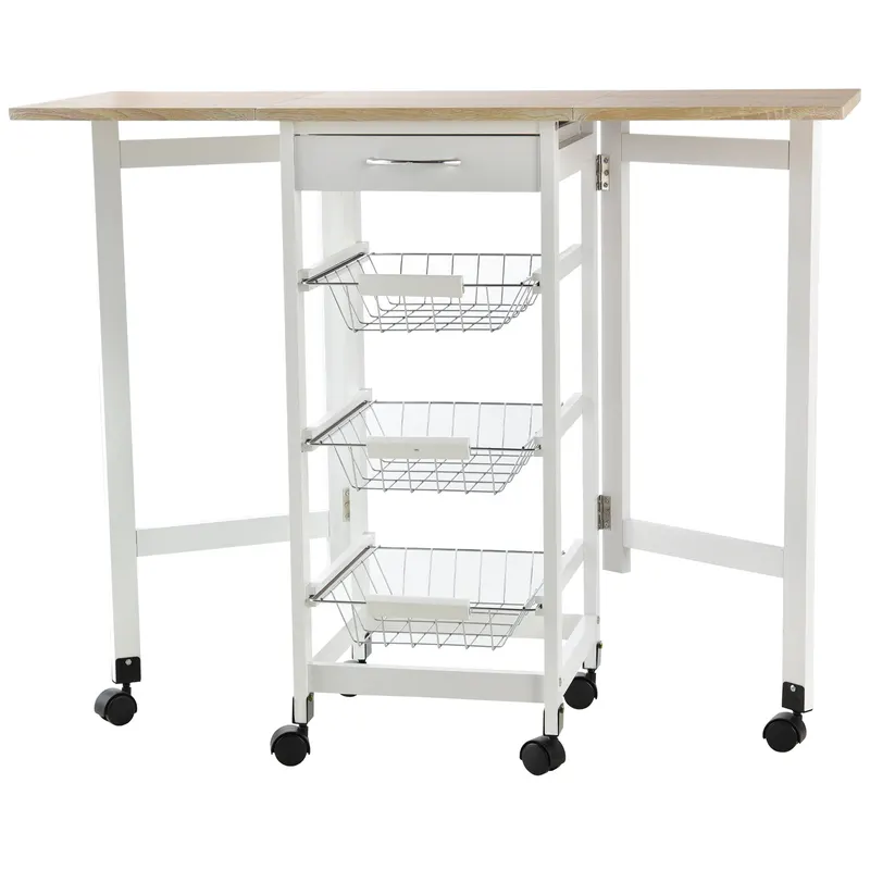 HOMCOM Cărucior de Bucătărie Extensibil Alb, 3 Sertare, MDF/Metal, Soluție Organizare Bucătărie, 37x37x77.5 cm | Romania