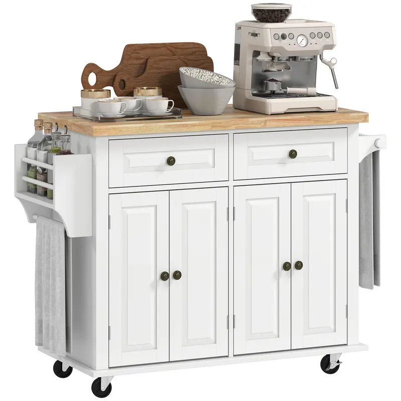 HOMCOM Carucior Bucatarie Sertare Dulapuri 4 Roti Lemn 111x44.5x82.5cm Alb | Romania