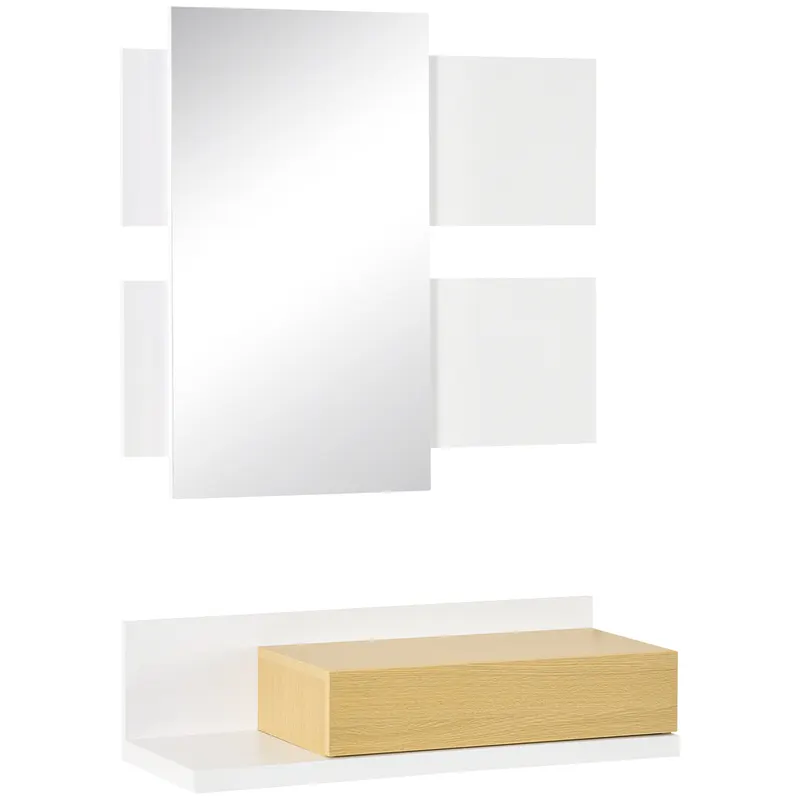 HOMCOM Set Mobilier pentru Hol cu Oglindă și Sertar, Design Modern din Lemn, Oglindă de Perete 40x70cm, Alb și Lemn Natural | Romania