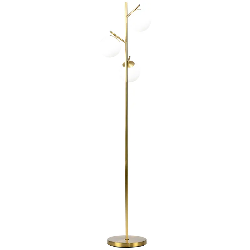 Homcom Lampă de Podea Modernă cu 3 Lumini, Design din Oțel și Sticlă, Ø27x169cm, Finisaj Auriu și Abajur Alb, pentru Interior | Romania