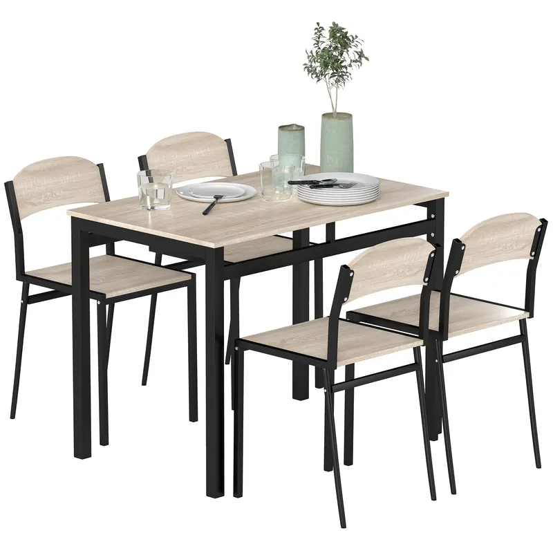 Set HOMCOM de Masă și 4 Scaune, Design Dreptunghiular, Oțel și MDF, Negru și Lemn Natural, 100x63x76.5cm și 45x40x82cm | Romania