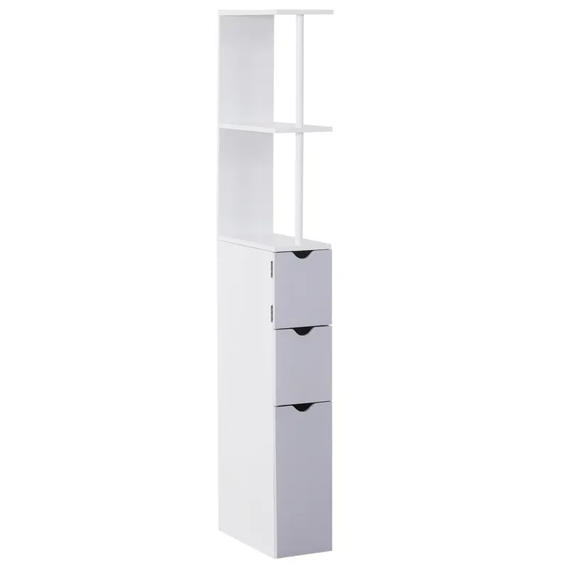 HOMCOM Mobilier Coloană Baie, 2 Compartimente, Ușă, 2 Sertare, MDF și Fier, 15x33x140 cm, Alb și Gri | Romania