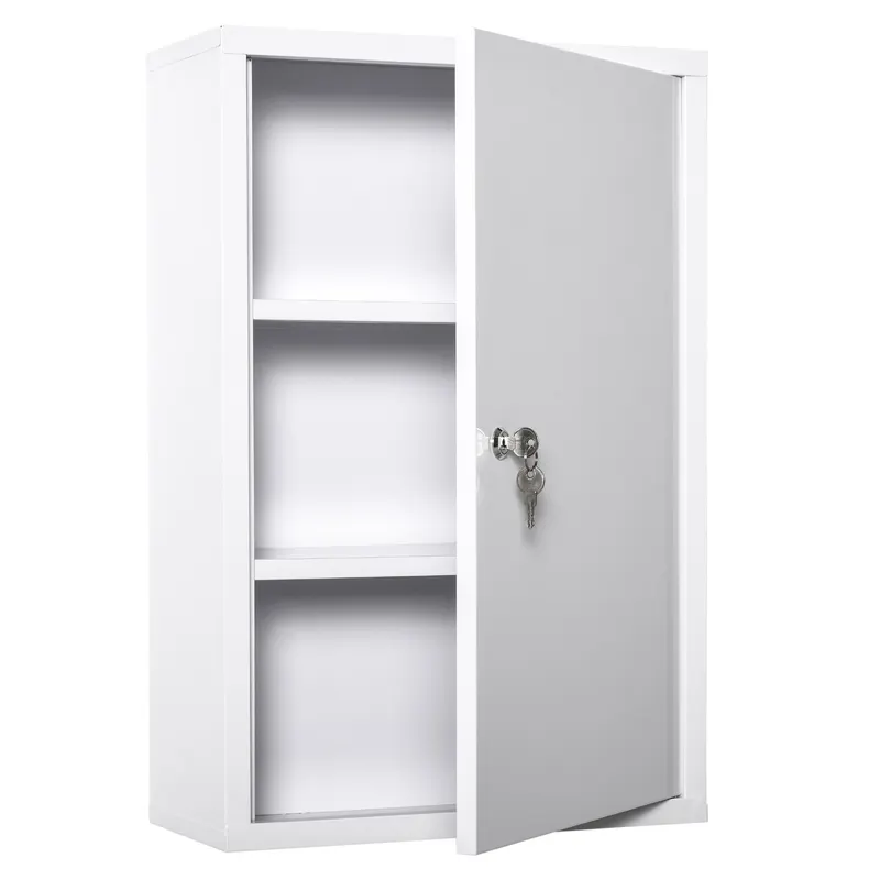 Kleankin Dulap Medicamente Oțel 3 Niveluri 2 Chei Suport Perete 40x18x60cm Alb | Romania