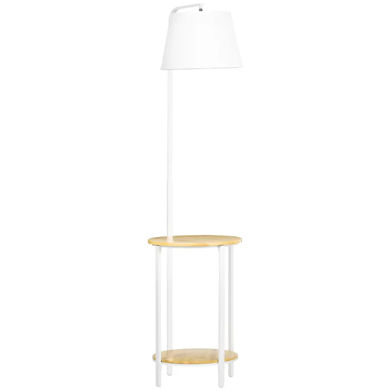 Homcom Lampă de Podea cu Rafturi și Măsuță Dublă din Bambus, Abajur Textil, Design Natural, Living sau Dormitor | Romania
