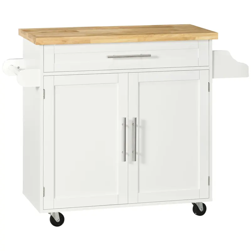Carucior de bucatarie cu sertar și dulap, 4 roti din care 2 cu frana, lemn, 109x40x89cm, alb HOMCOM | Romania