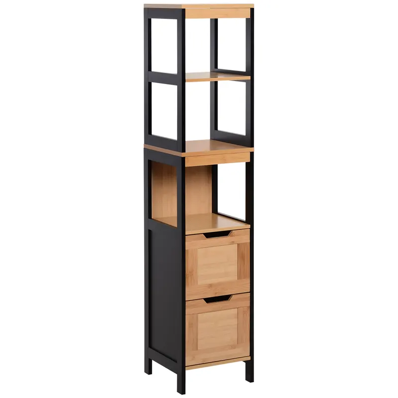 Kleankin Dulap Baie Multifuncțional 2 Sertare 3 Compartimente Lemn MDF Bambus 30x30x144.3cm Culoare Lemn | Romania