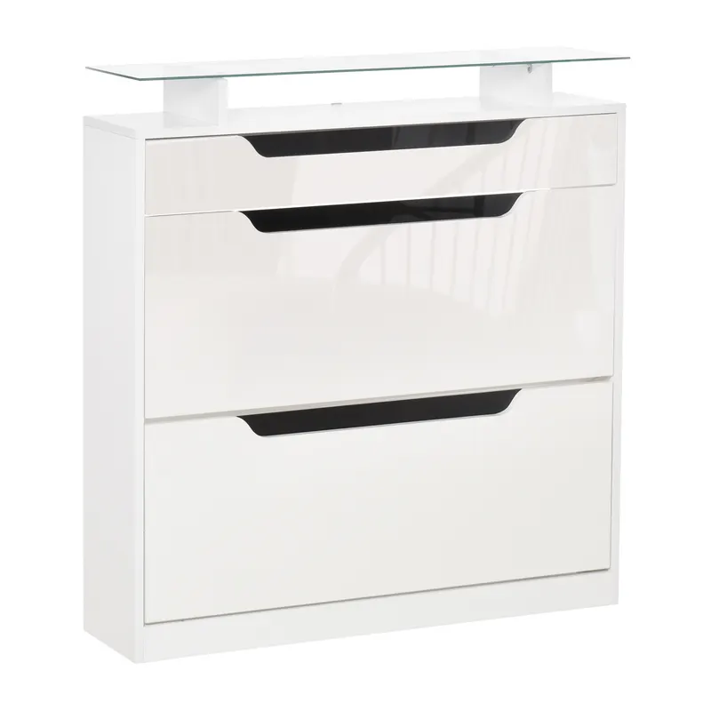HOMCOM Suport pentru Pantofi cu 2 Sertare pentru 16 Perechi de Pantofi cu Etajeră Reglabilă și Raft din Sticlă, 89x23x96cm, Alb Lucios | Romania