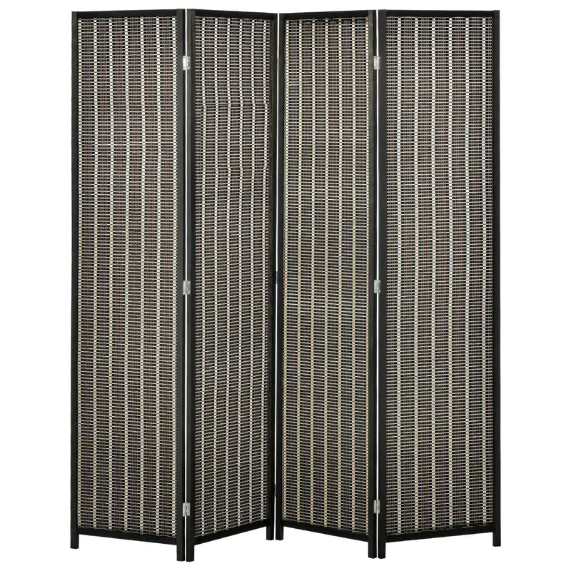 HOMCOM Paravan Separare Spațiu, 4 Panouri, Lemn și Bambus, 180x180x1.9cm, Negru și Maro | Romania