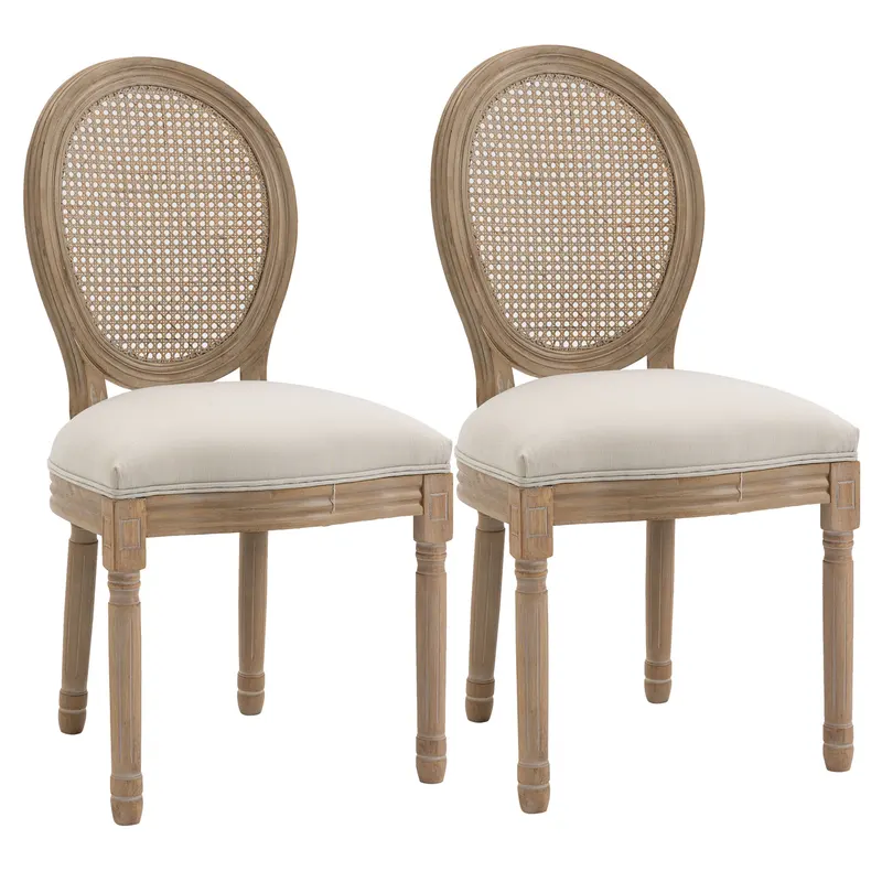 HOMCOM Set 2 Scaune cu Spătar Perforat, în Stil Vintage cu Tapițerie din Poliester, 49x56x97 cm, Alb-Lemn | Romania