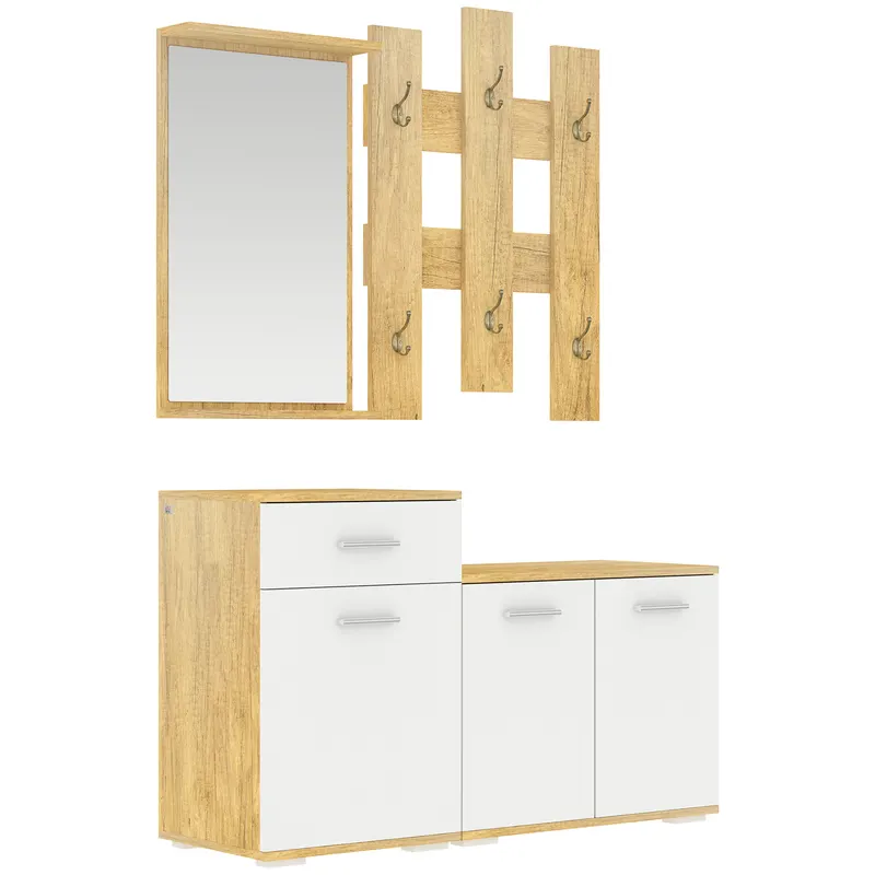Set pentru Intrare 3 in 1 cu Cuier de Perete HOMCOM, Oglinda si Suport pentru Pantofi cu Banca din Lemn, Culoare Lemn natur si Alb | Romania