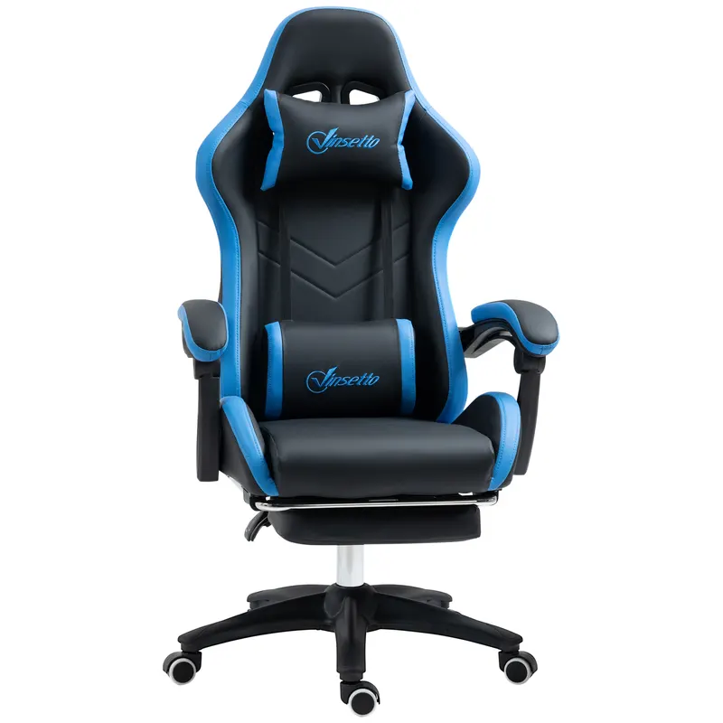 Scaun de gaming din piele ecologica PU si otel cu inaltime reglabila si spatar inclinabil, 65x65x121-129 cm, albastru si negru | Romania