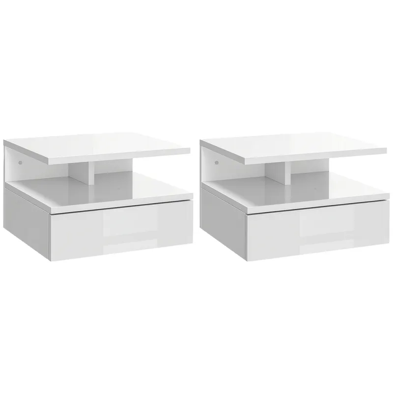 HOMCOM Set de 2 Noptiere Suspendate cu Raft Superior, Design Modern, Lemn, Alb Lucios, 35x32x22.5cm | Romania