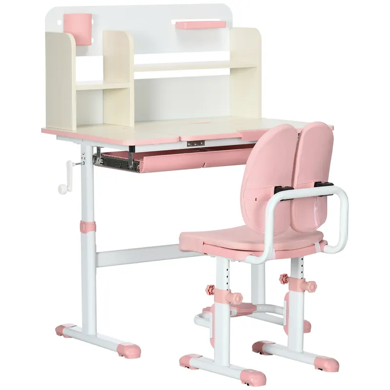 HOMCOM Set de Birou pentru Copii cu Înălțime Reglabilă, Masă de Studiu cu Raft și Spațiu de Depozitare, 80x52x88-109 cm, Roz | Romania