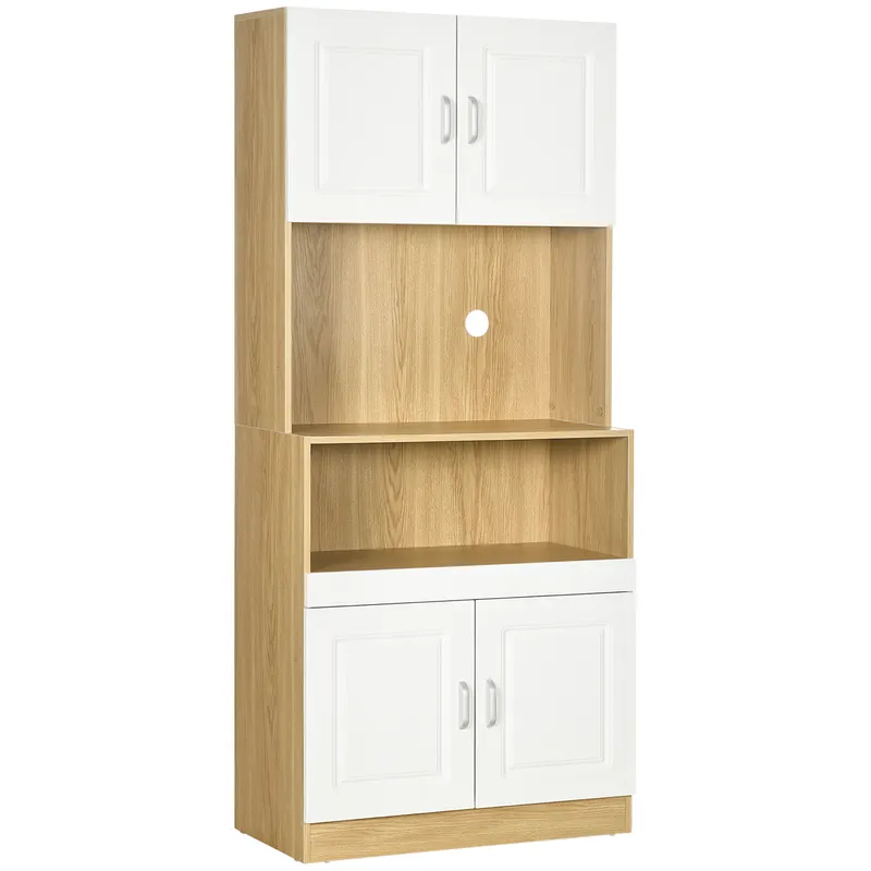 HOMCOM Dulap Înalt pentru Camară, Design Modern Alb și Lemn, 4 Uși și Raft Deschis, Ideal pentru Bucătărie și Sufragerie, 80x40x180 cm | Romania