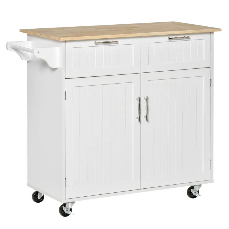 HOMCOM Cărucior Bucătărie Multifuncțional cu 2 Sertare, Dulap și 4 Roți, Spațiu Depozitare Generos, 104x46x91cm, Alb | Romania