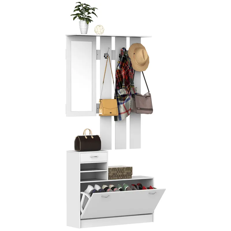 HOMCOM Mobila de Hol Moderna Garderoba Set Cuier, Oglinda si Dulap Pantofi 3 in 1, in Lemn Alb | Romania