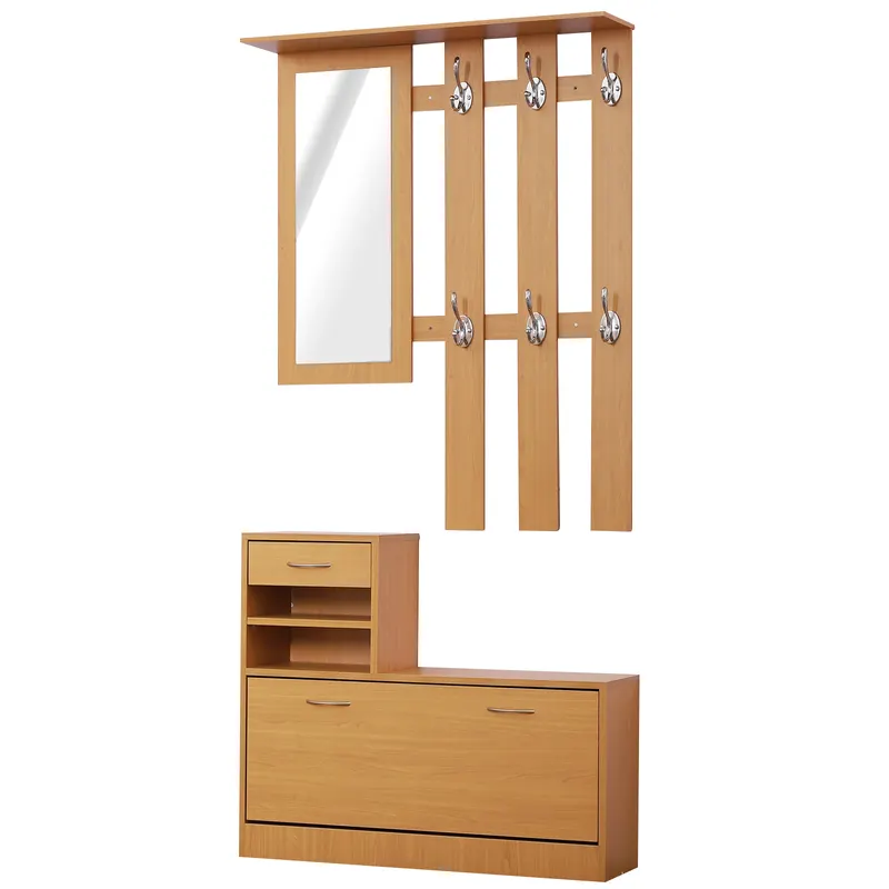Mobilier Garderoba HOMCOM Dulap Pantofi Reglabil cu Oglinda si Cuier 6 carlige pentru Hol si Dormitor 90x22x116cm Lemn | Romania
