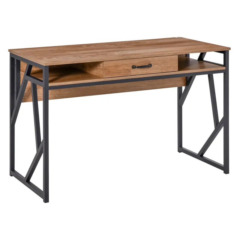 HOMCOM Birou pentru Computer, 2 Compartimente și Sertar, Metal și MDF Clasa E1, 120x60x76cm, Maro, Ideal pentru Studiu | Romania