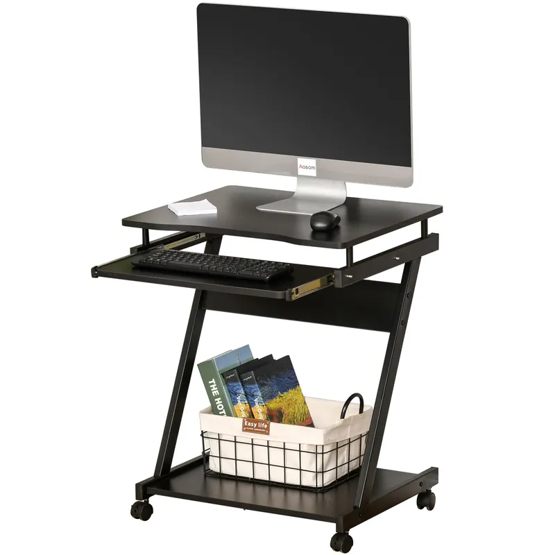 Birou cu suport pentru PC si tastatura, cu 4 roti, negru 60x48x73cm HOMCOM | RO