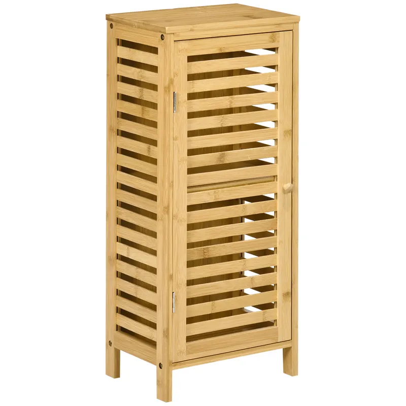 Kleankin Dulap pentru Baie din Bambus, Spațiu de Depozitare Pardoseală cu Raft Reglabil, Design Natural | Romania