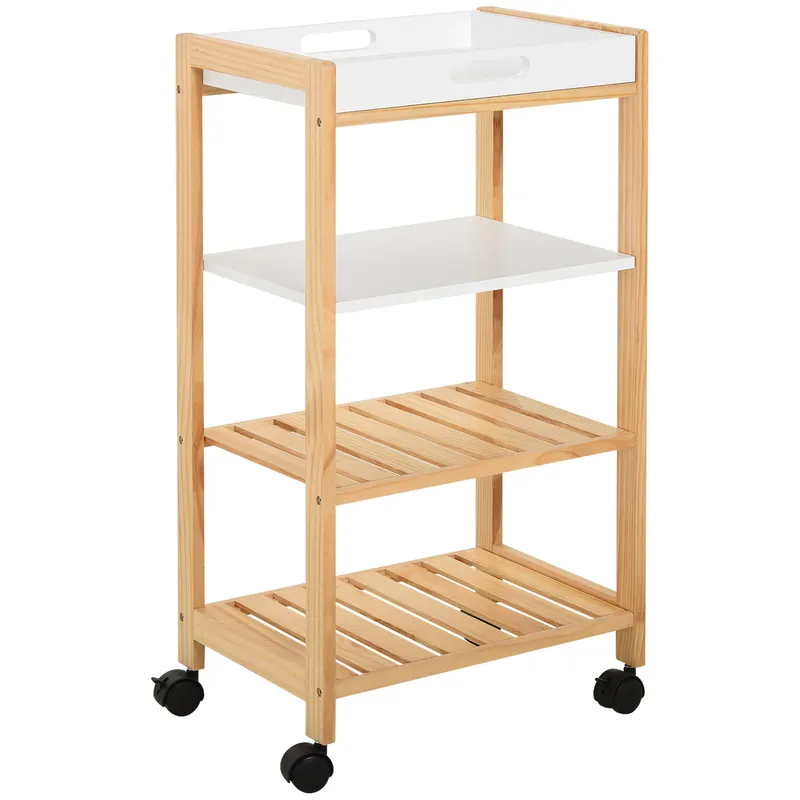 HOMCOM Carucior de bucatarie cu 4 nivele din MDF si lemn de pin cu 4 roti pivotante, 40x30x76 cm, alb si maro | Romania