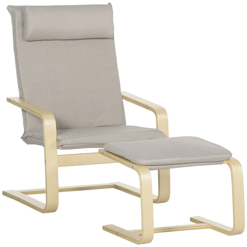 Fotoliu Relax cu suport pentru picioare, fotoliu din lemn si tesatura cu efect de in cu perna pentru tetiera, 67x69x100cm, gri HOMCOM | Romania