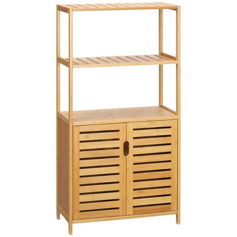 kleankin Dulap de baie cu 2 rafturi deschise si dulap cu doua usi, din bambus cu usa cu clapeta, natural | Romania