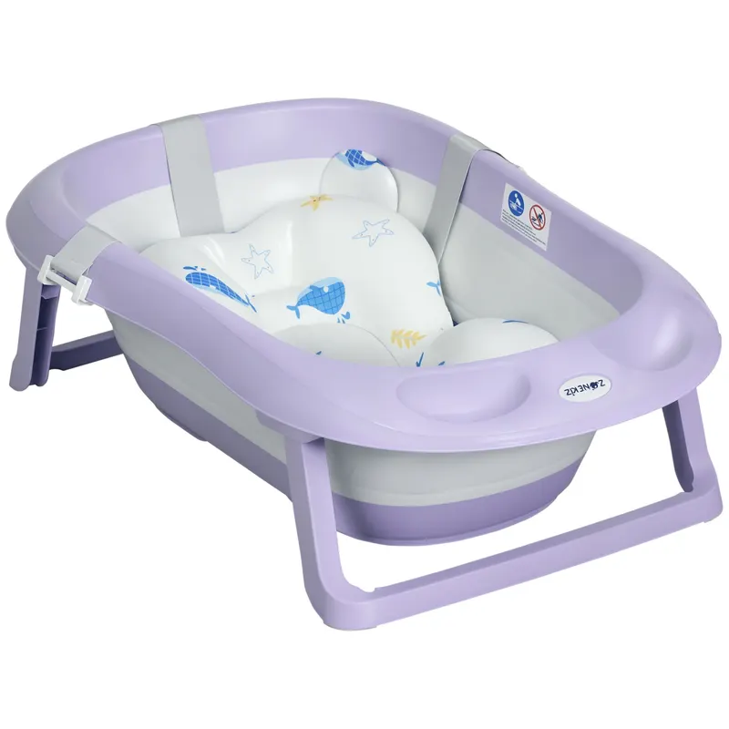 ZONEKIZ Cadita Pliabila pentru Copii 0-6 Ani cu Perna si Organizatoare, 83x48x23.5cm, Violet/Alb | Romania