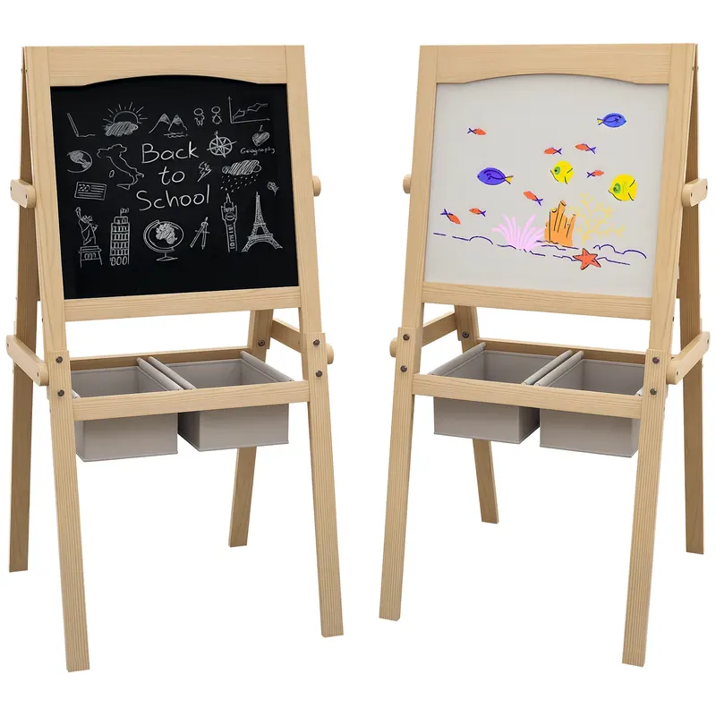 AIYAPLAY Sevalet Creativ 3 în 1 pentru Copii, cu Rola de Hârtie, Tablă pentru Creion și Cretă, Educațional, Lemn Natural, 3-6 Ani | Romania