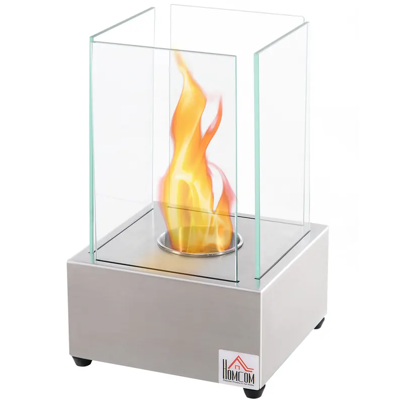 HOMCOM Șemineu de Masă cu Bioetanol de 0.4L, Sobă din Oțel și Sticlă pentru Spații Înterioare și Exterioare, 20x20x33 cm, Argintiu | Romania