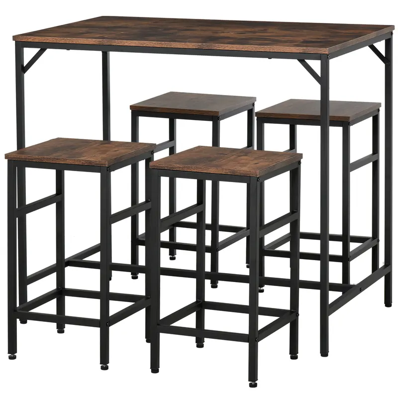 HOMCOM Masă Bar cu 4 Taburete, Stil Industrial, Picioare Antialunecare, Ideal pentru Bucătărie și bar, Maro, 100x60x88 cm | Romania