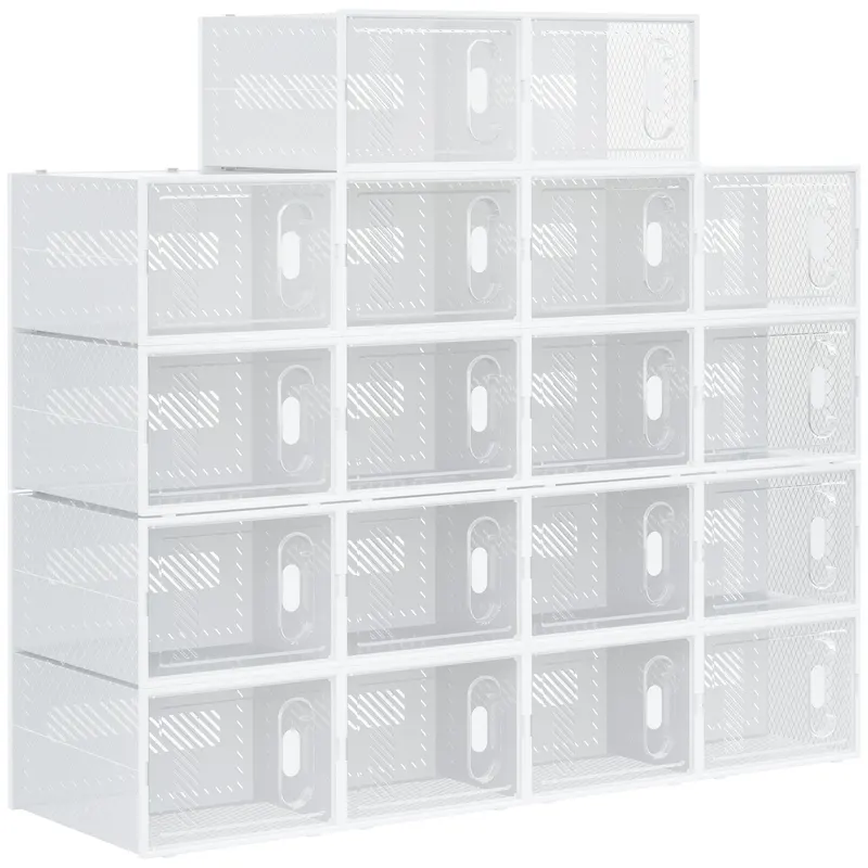 HOMCOM Dulap pentru pantofi modular cu orificii de ventilatie, 18 cuburi 28x36x21cm din plastic PP, alb si transparent | Romania