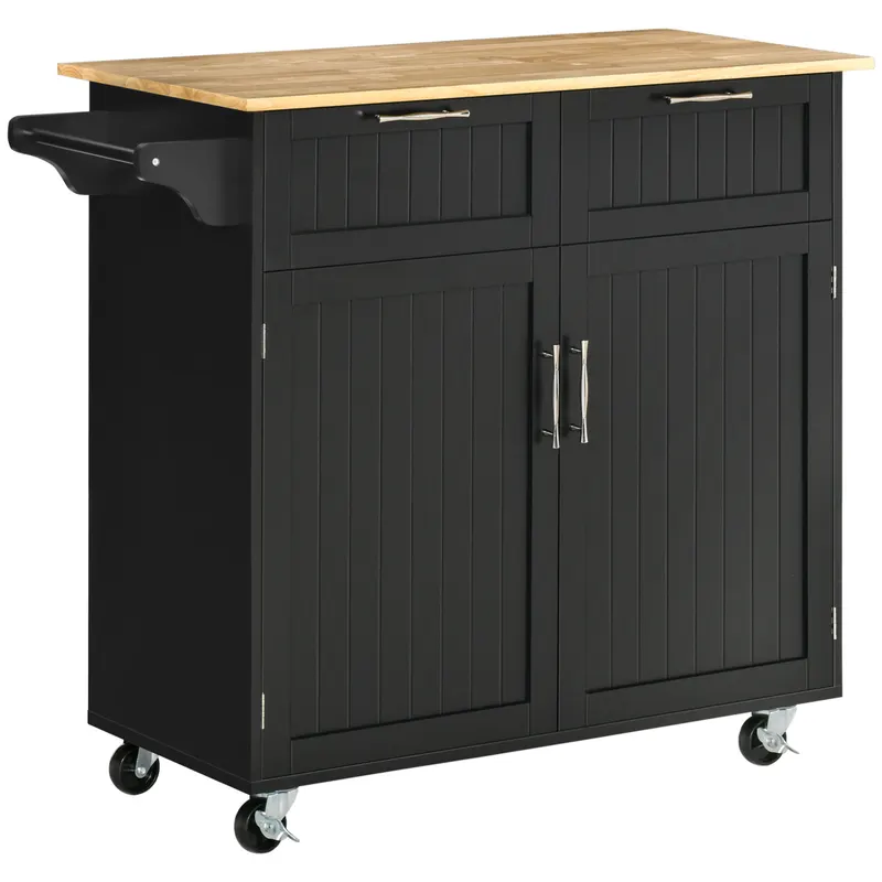 HOMCOM Cărucior Bucătărie din Lemn Multifuncțional cu 2 Sertare, Dulăpior și 4 Roți, Design Elegant, 104x46x91 cm, Negru | Romania