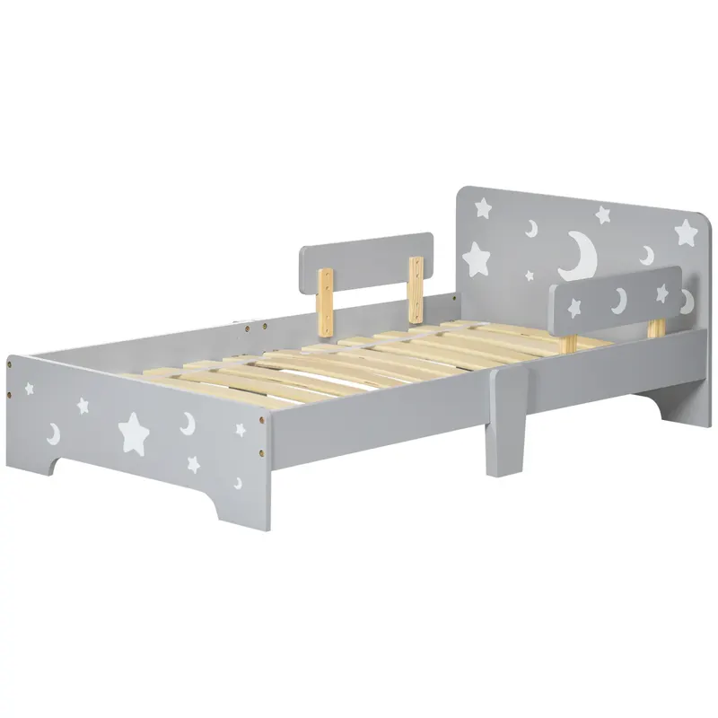 ZONEKIZ Pat pentru copii 3-6 ani cu stele si luna din MDF si PAL, 143x76x49 cm, culoare gri si lemn | Romania