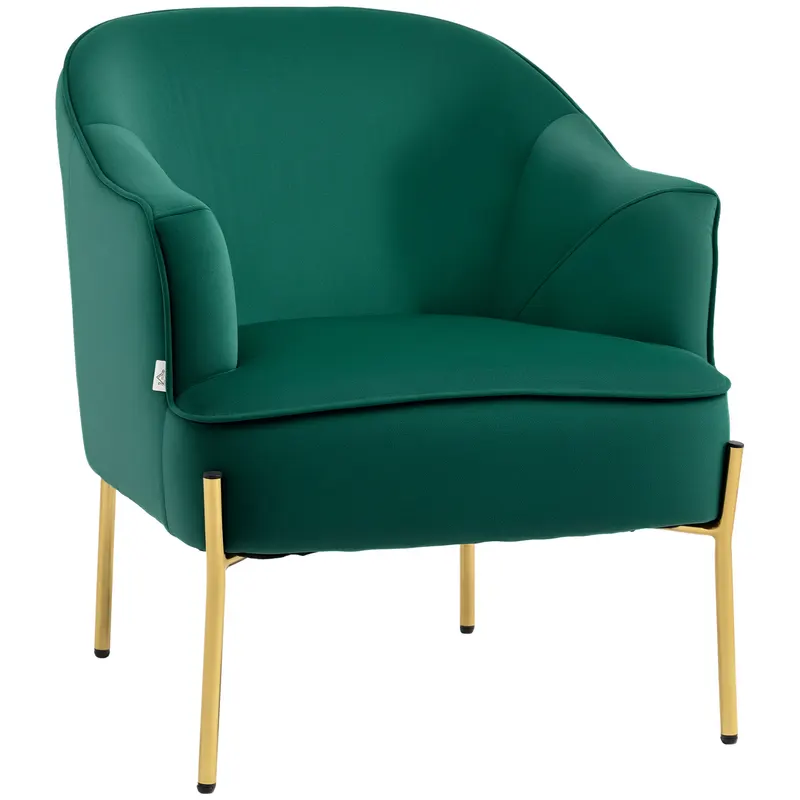Fotoliu dormitor din material textil cu efect catifea cu picioare din otel auriu, 62x69x75 cm, verde HOMCOM | Romania