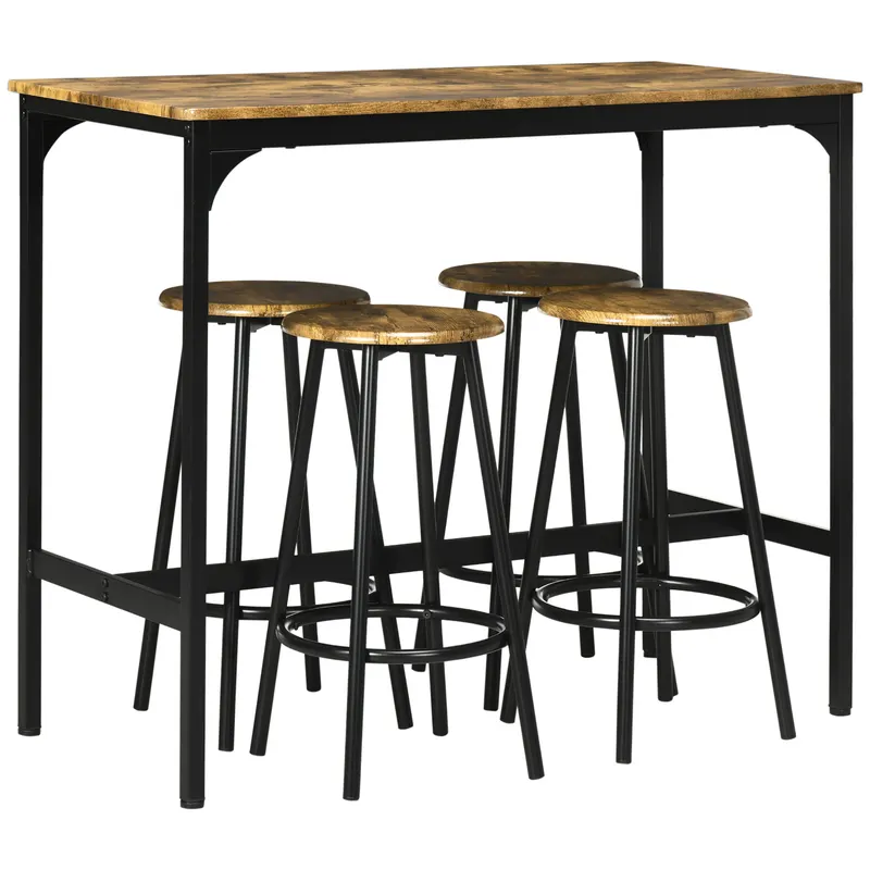 HOMCOM Scaune bar si Masa Bar, 5 piese, cu 4 Scaune Rotunde, Economie de Spațiu, Design Rustic Maro, pentru Bucătărie | Romania