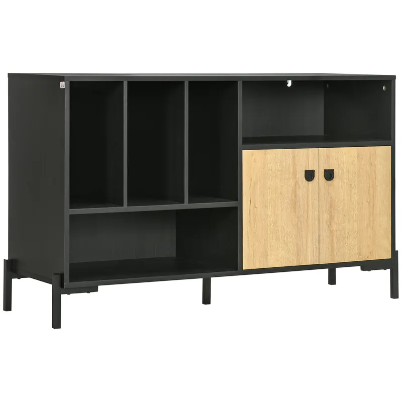HOMCOM Dulap Modern pentru Living și Dormitor cu Ușă Dublă și 5 Compartimente Deschise, Design Elegant, Negru | Romania